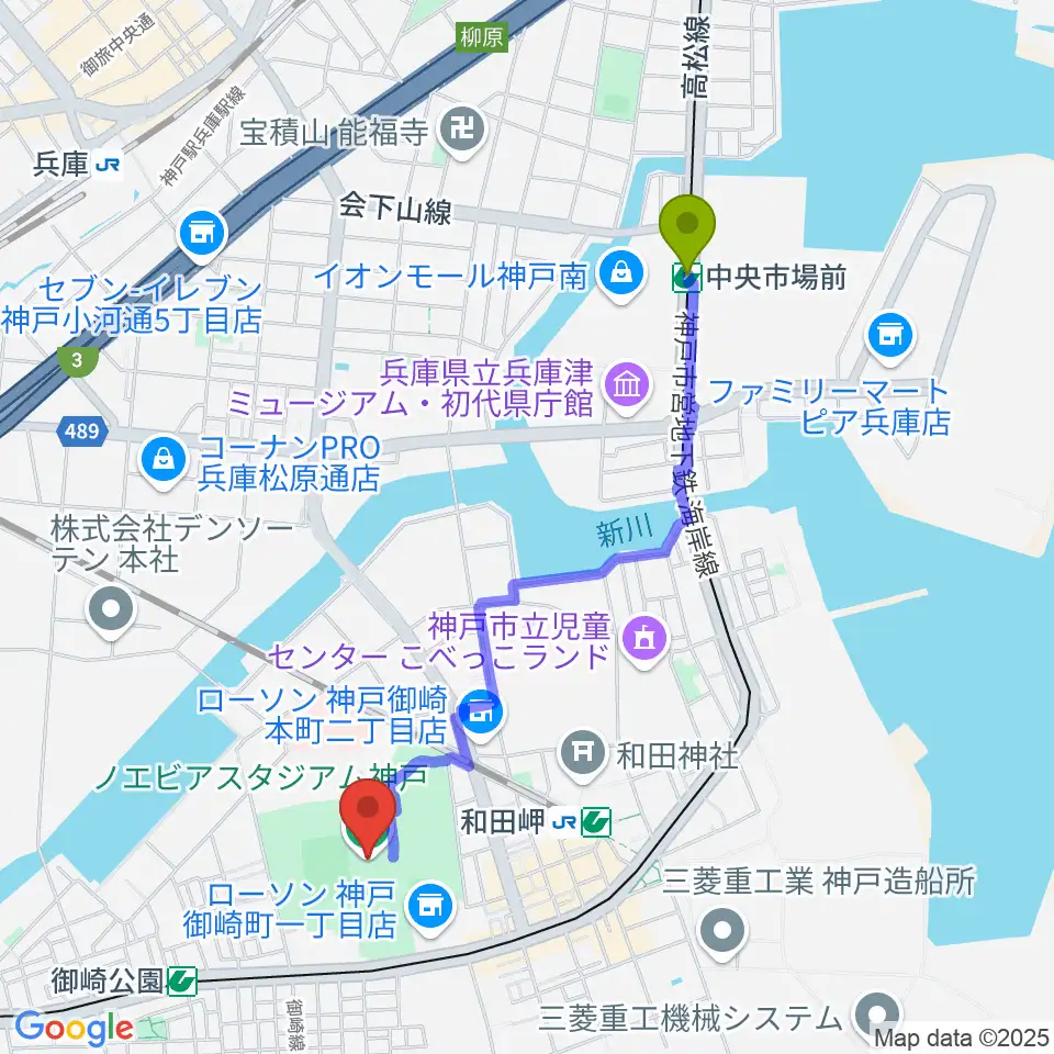 中央市場前駅からノエビアスタジアム神戸へのルートマップ地図