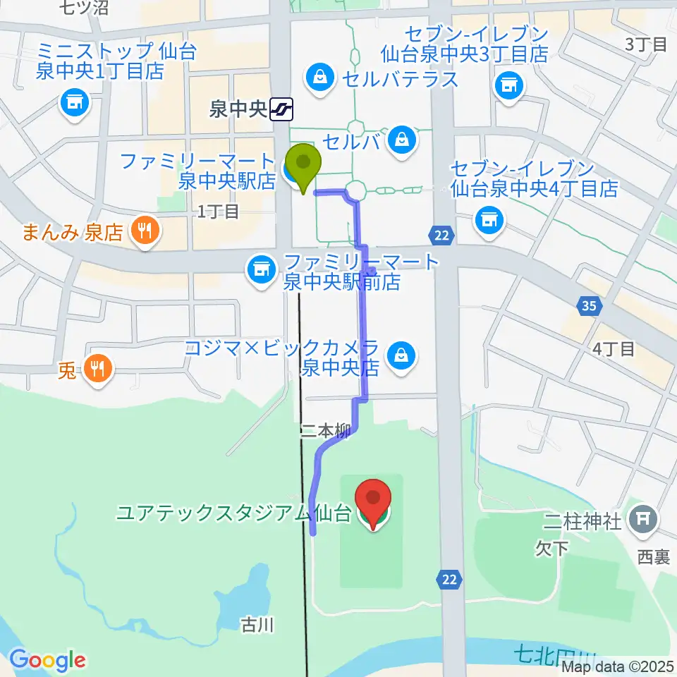 ユアテックスタジアム仙台の最寄駅泉中央駅からの徒歩ルート（約8分）地図