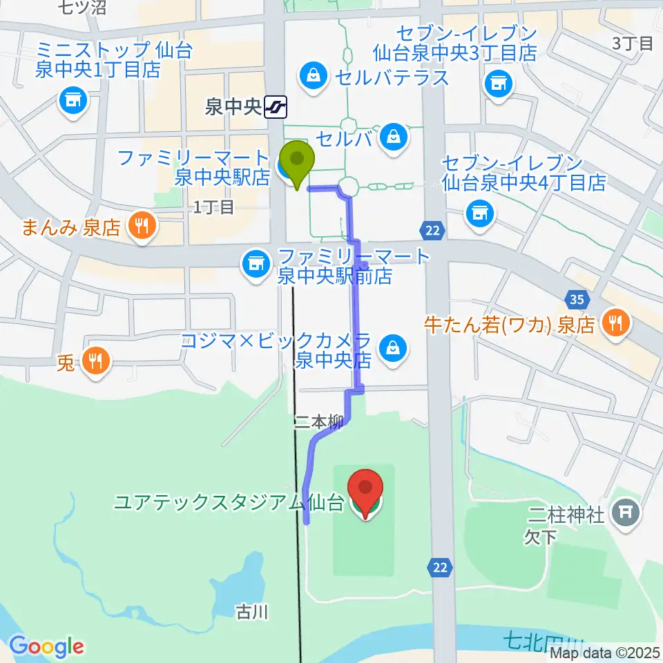 ユアテックスタジアム仙台の最寄駅泉中央駅からの徒歩ルート（約8分）地図