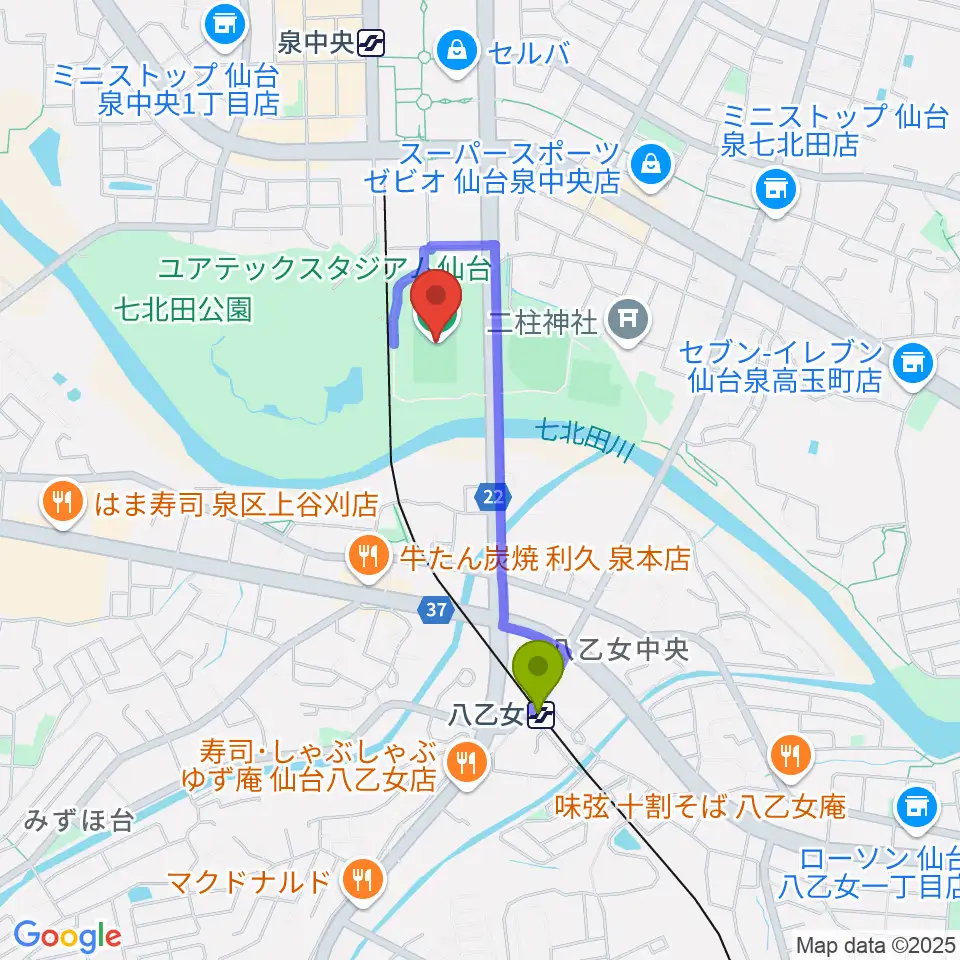 八乙女駅からユアテックスタジアム仙台へのルートマップ地図