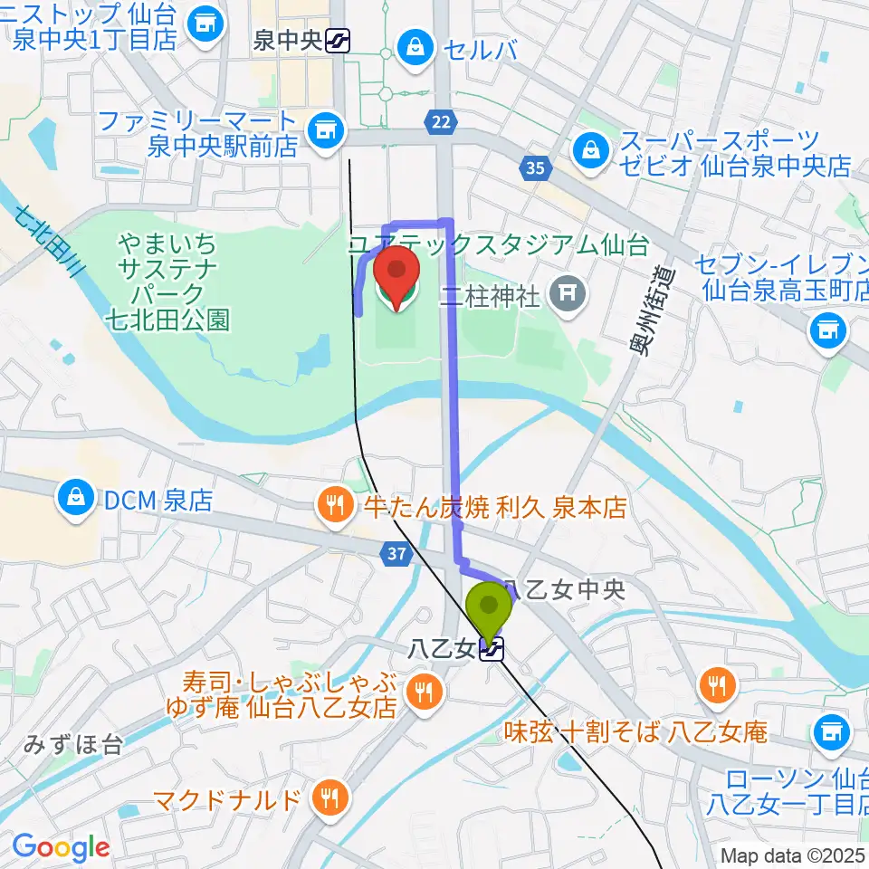 八乙女駅からユアテックスタジアム仙台へのルートマップ地図