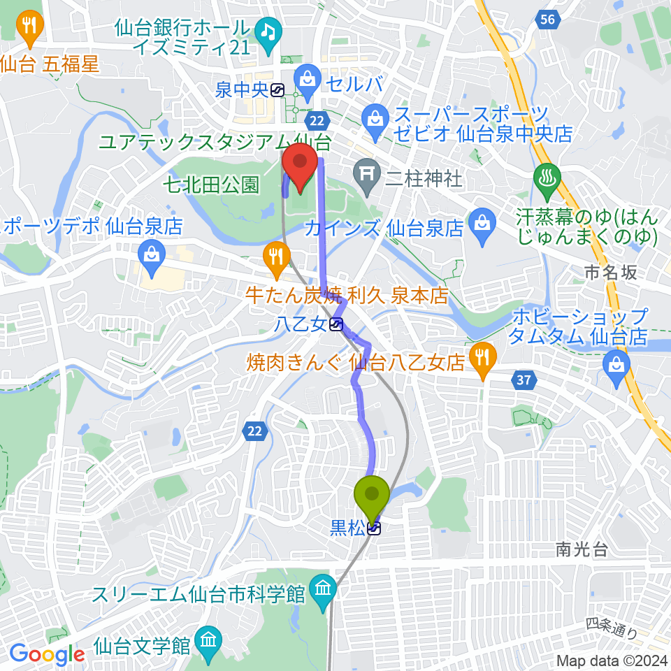 黒松駅からユアテックスタジアム仙台へのルートマップ地図