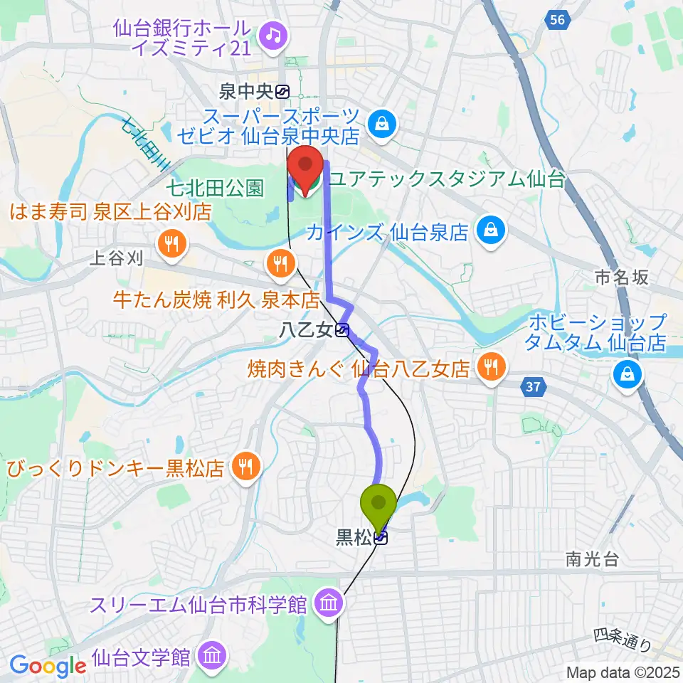 黒松駅からユアテックスタジアム仙台へのルートマップ地図