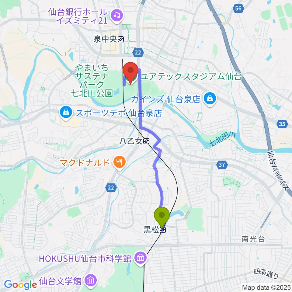 黒松駅からユアテックスタジアム仙台へのルートマップ地図