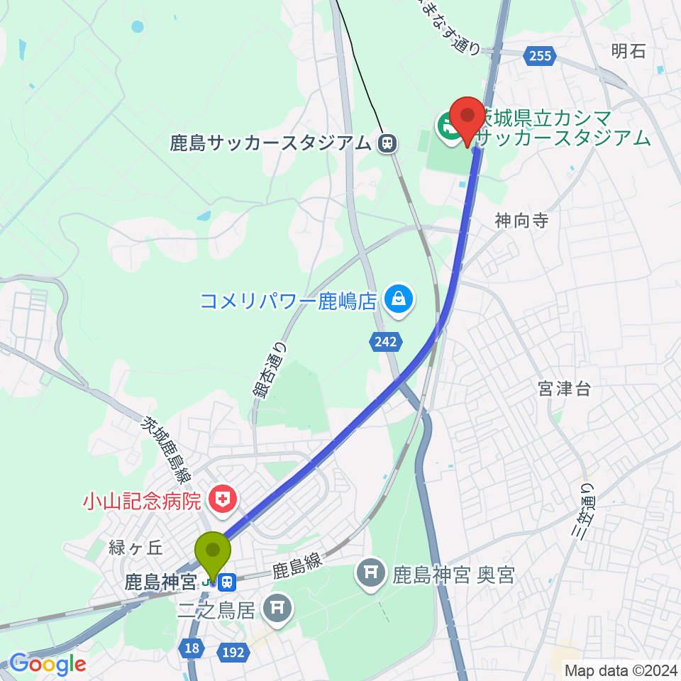 鹿島神宮駅からカシマサッカースタジアムへのルートマップ地図