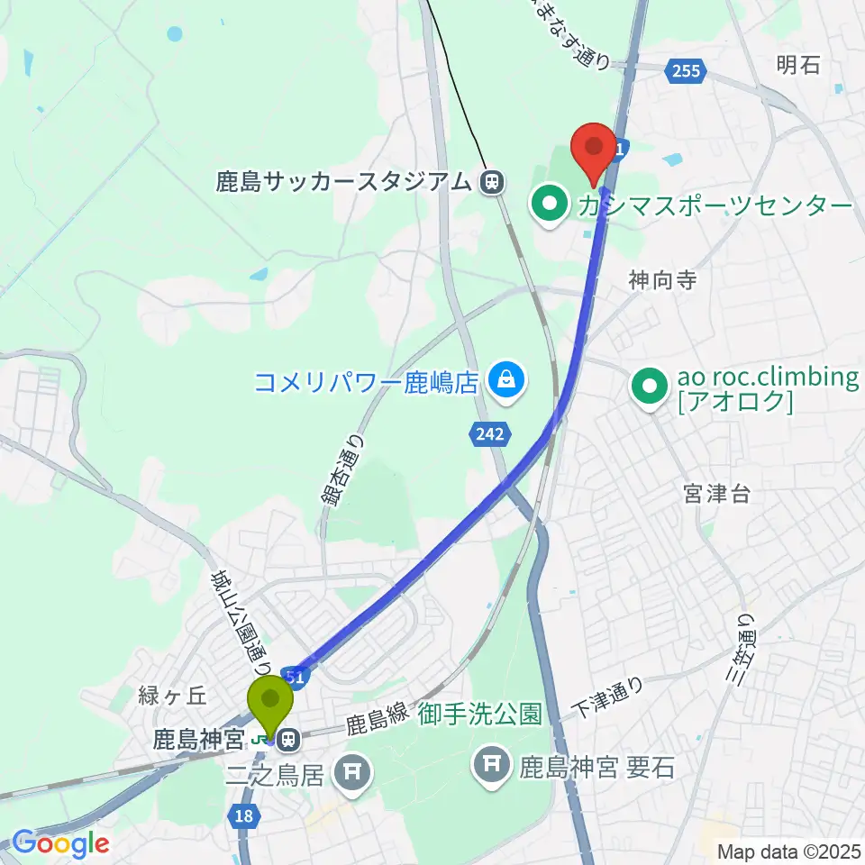 鹿島神宮駅からメルカリスタジアムへのルートマップ地図