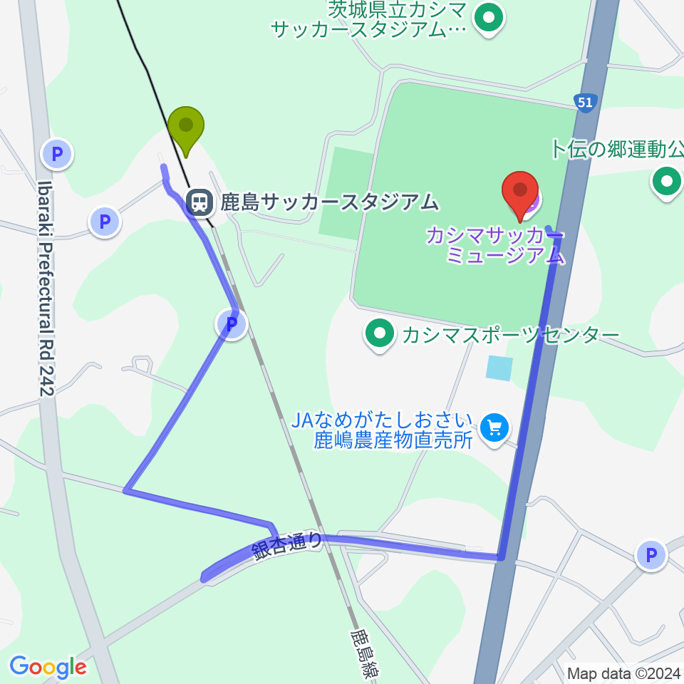 カシマサッカースタジアムの最寄駅鹿島サッカースタジアム駅からの徒歩ルート（約8分）地図