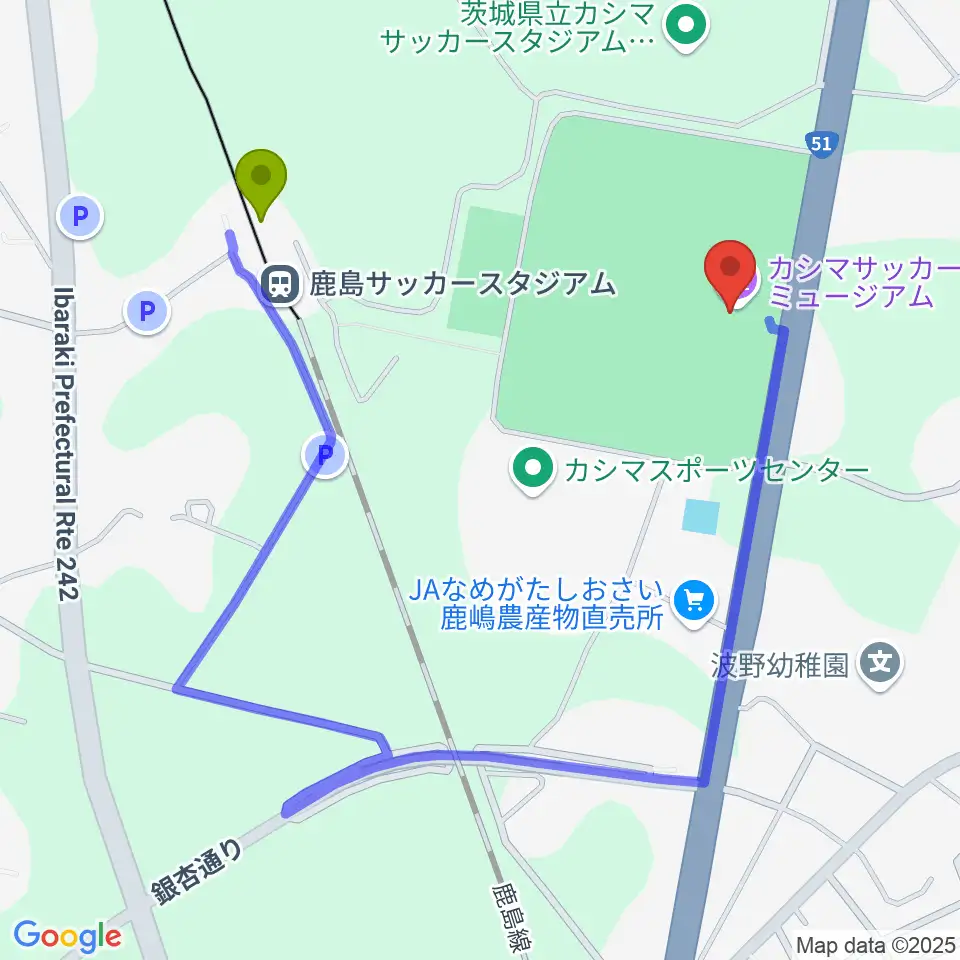 メルカリスタジアムの最寄駅鹿島サッカースタジアム駅からの徒歩ルート（約8分）地図