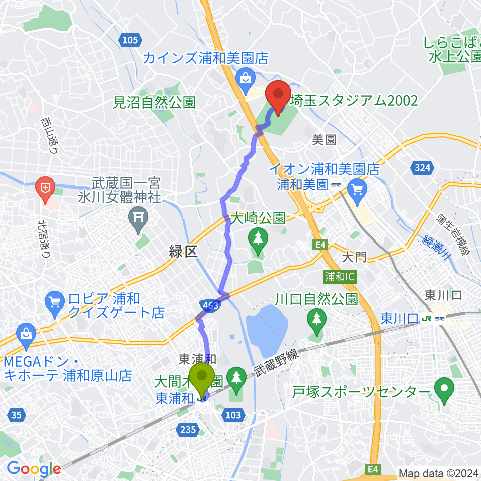 東浦和駅から埼玉スタジアム02へのルートマップ Mdata