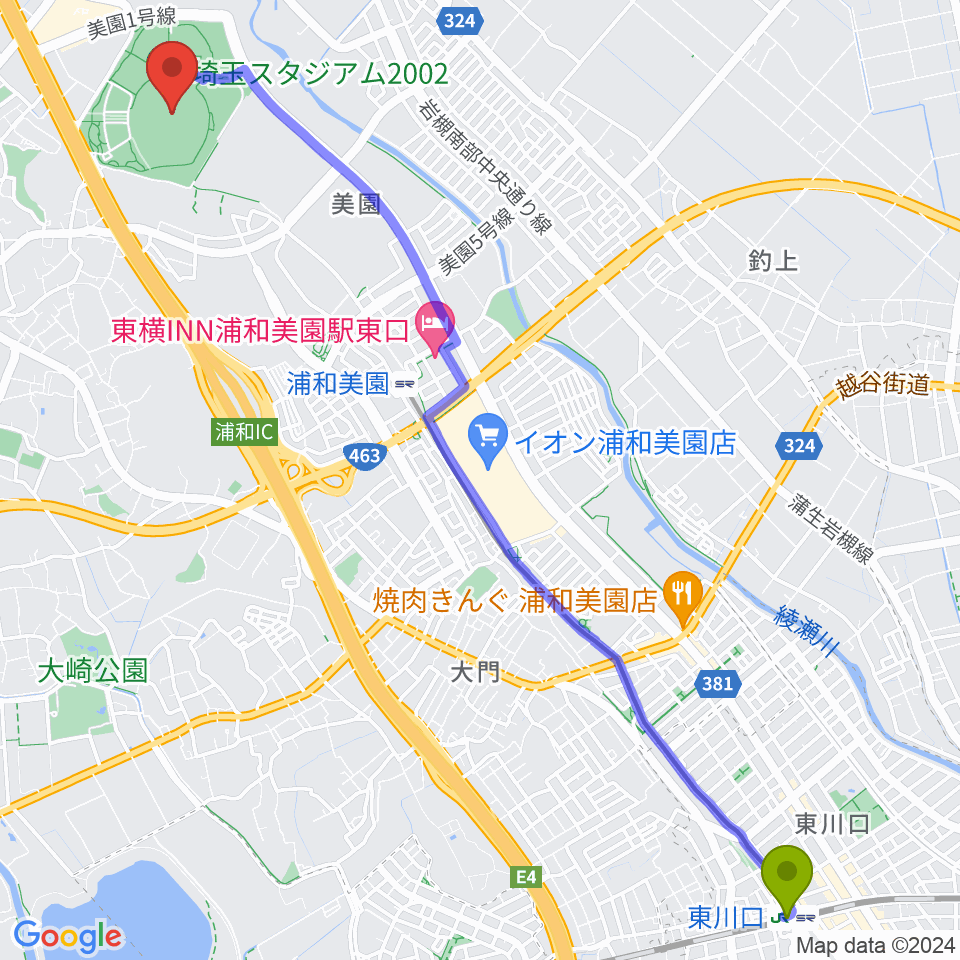 東川口駅から埼玉スタジアム02へのルートマップ Mdata