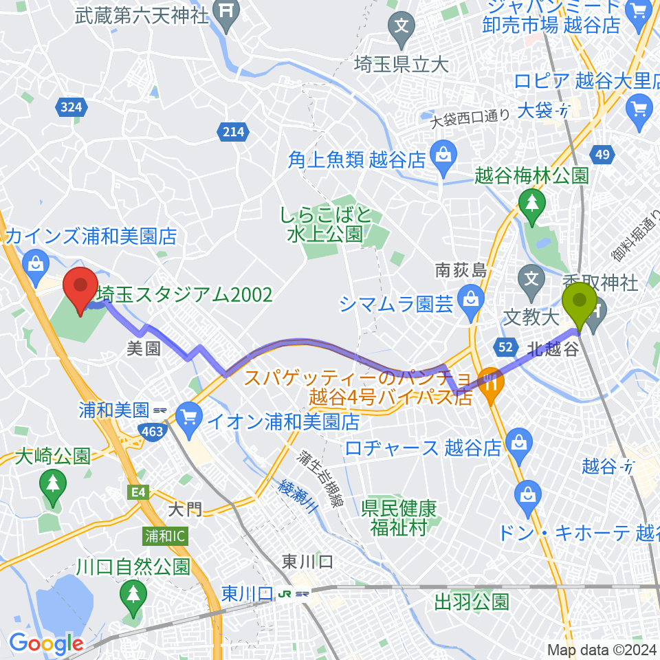 北越谷駅から埼玉スタジアム02へのルートマップ Mdata
