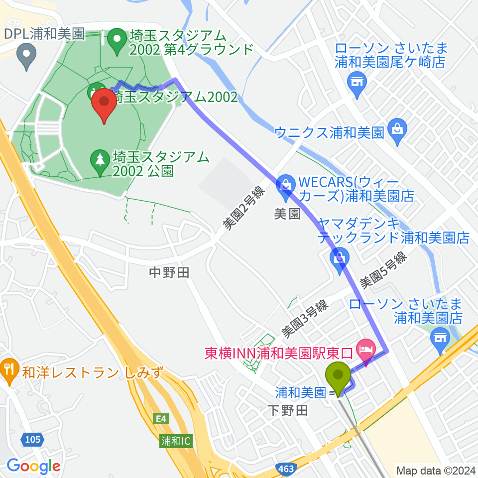 埼玉スタジアム02の最寄駅浦和美園駅からの徒歩ルート 約23分 Mdata