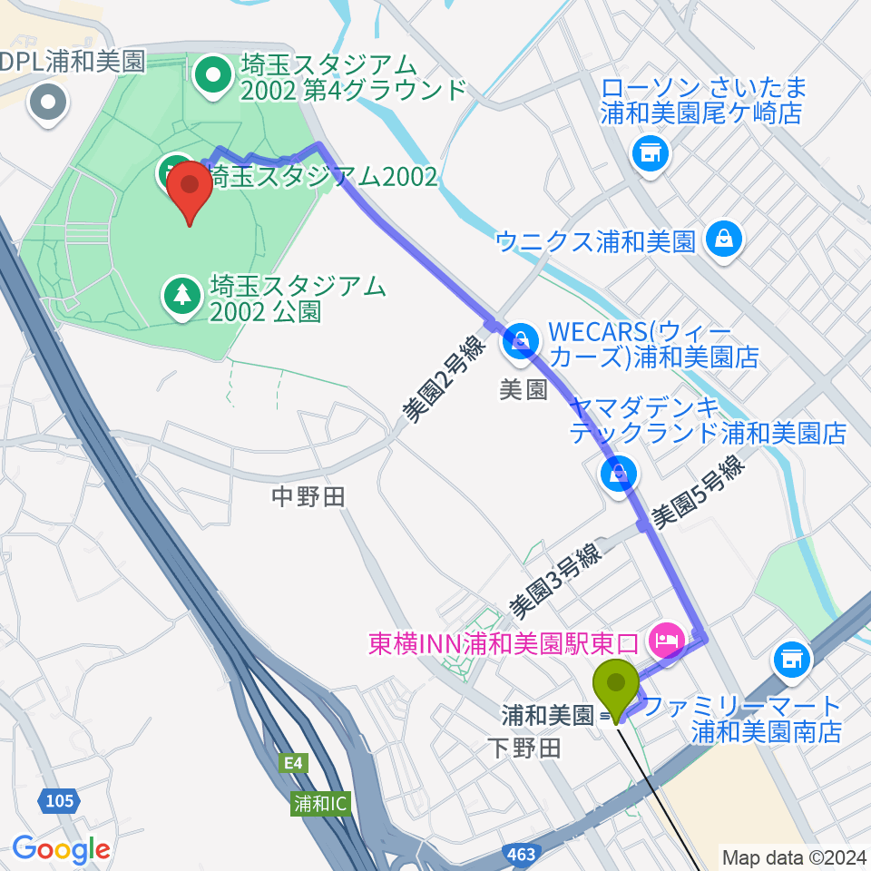 埼玉スタジアム2002の最寄駅浦和美園駅からの徒歩ルート（約23分）地図