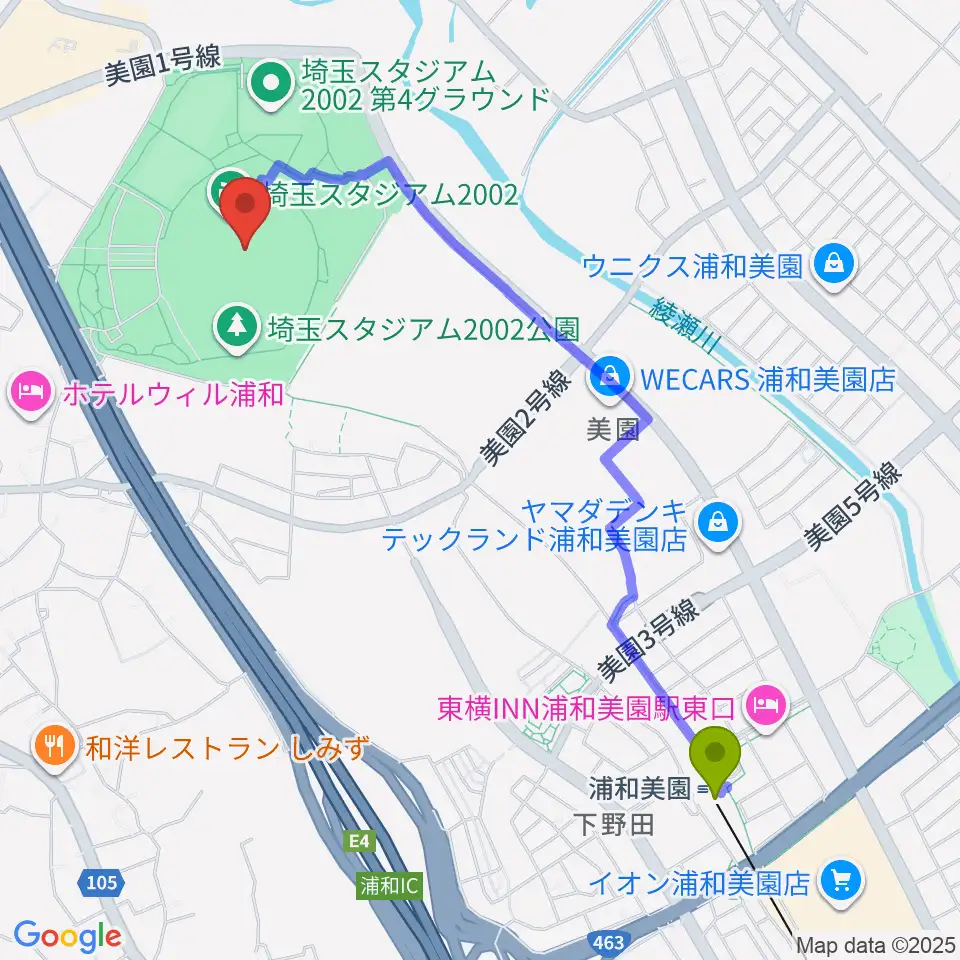 埼玉スタジアム2002の最寄駅浦和美園駅からの徒歩ルート（約23分）地図