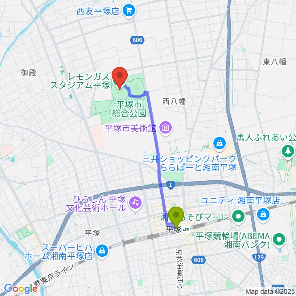 レモンガススタジアム平塚の最寄駅平塚駅からの徒歩ルート（約32分）地図