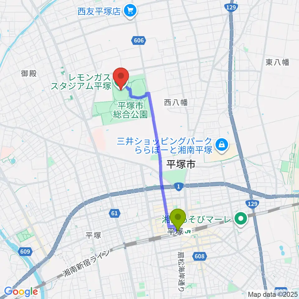レモンガススタジアム平塚の最寄駅平塚駅からの徒歩ルート（約32分）地図