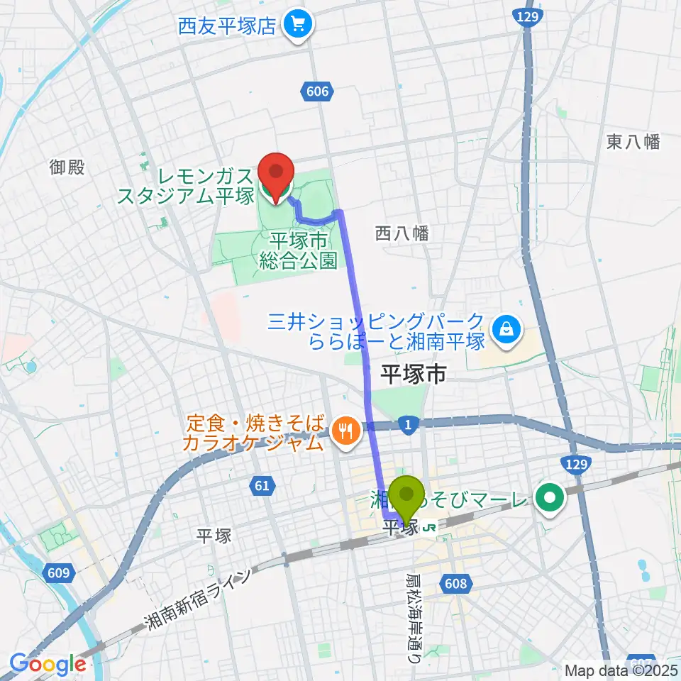 レモンガススタジアム平塚の最寄駅平塚駅からの徒歩ルート（約32分）地図
