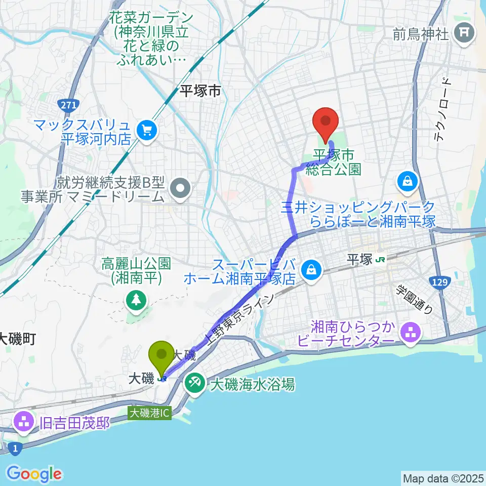 大磯駅からレモンガススタジアム平塚へのルートマップ地図