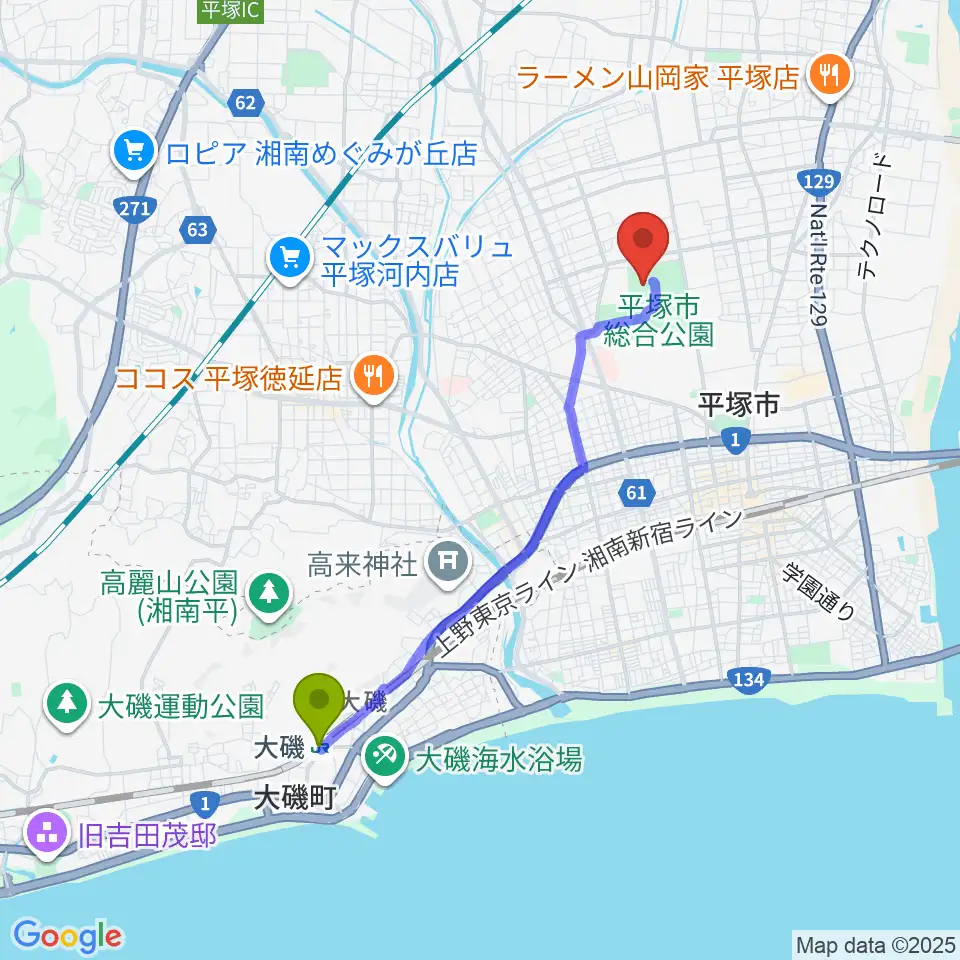 大磯駅からレモンガススタジアム平塚へのルートマップ地図