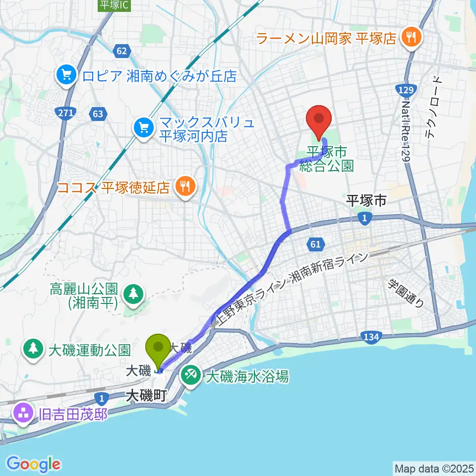 大磯駅からレモンガススタジアム平塚へのルートマップ地図