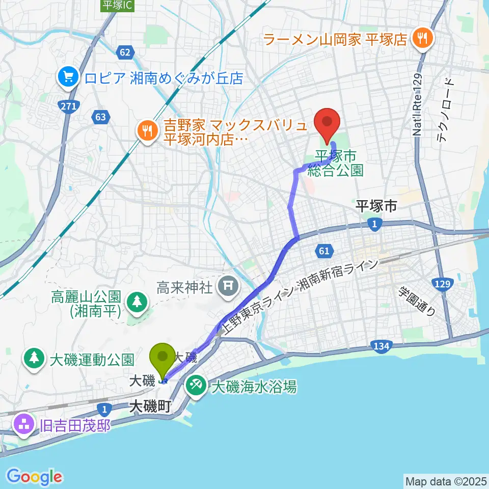 大磯駅からレモンガススタジアム平塚へのルートマップ地図