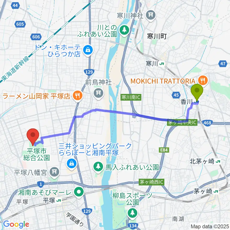 香川駅からレモンガススタジアム平塚へのルートマップ地図