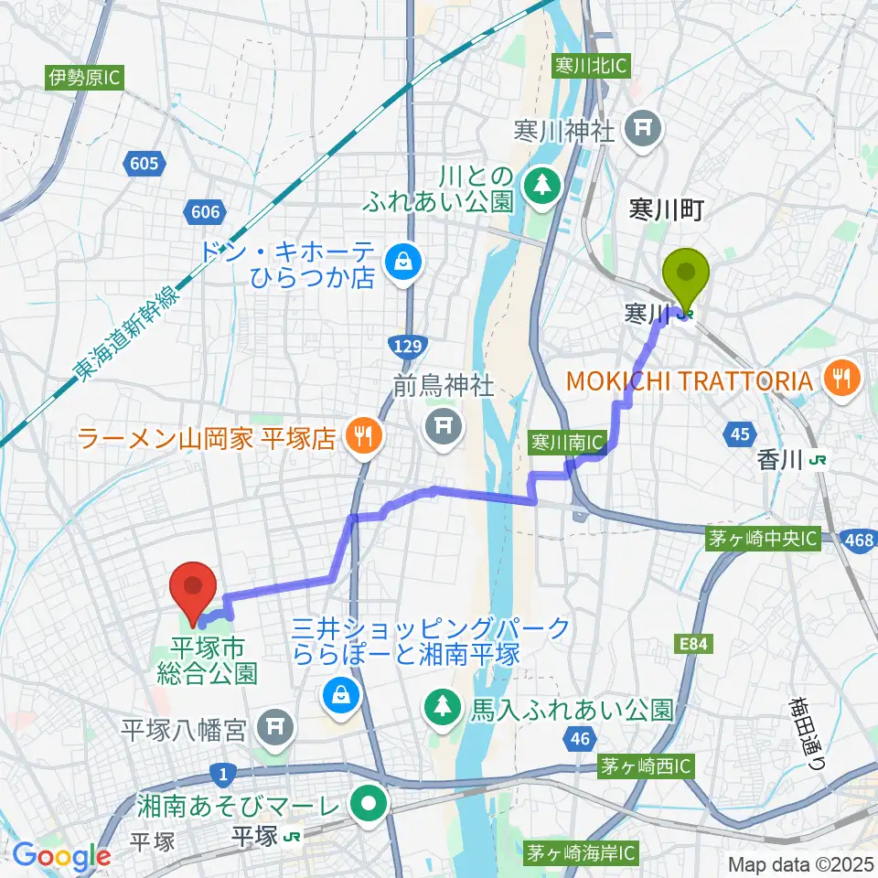 寒川駅からレモンガススタジアム平塚へのルートマップ地図