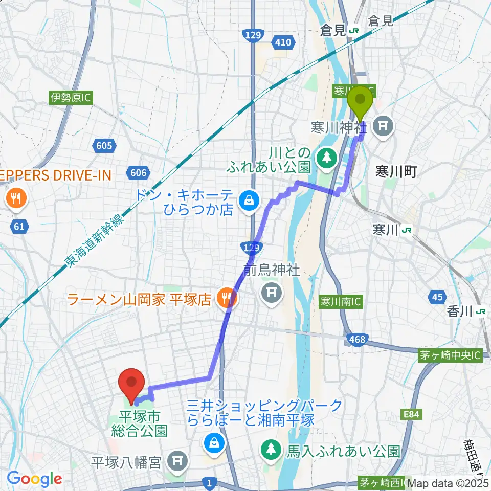 宮山駅からレモンガススタジアム平塚へのルートマップ地図