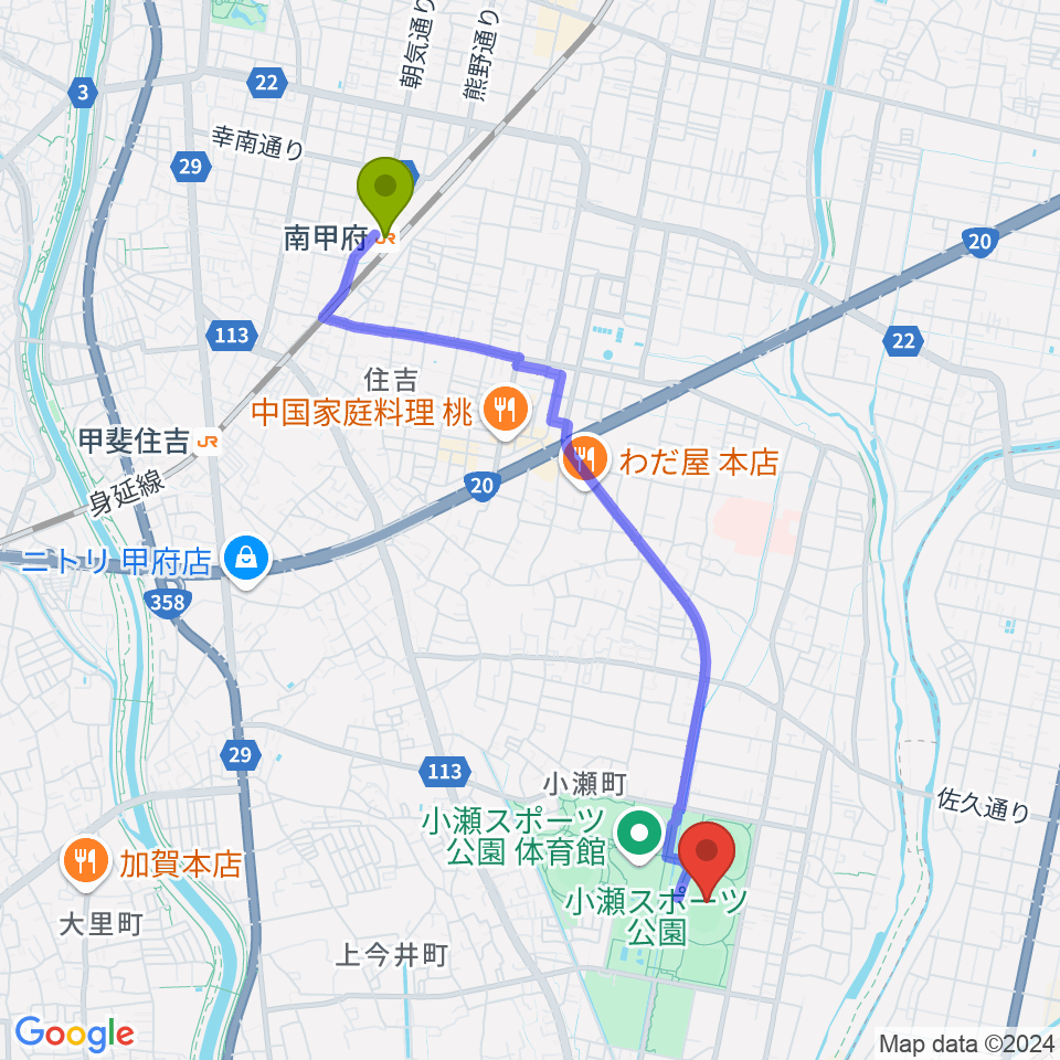 南甲府駅からJit リサイクルインク スタジアムへのルートマップ地図