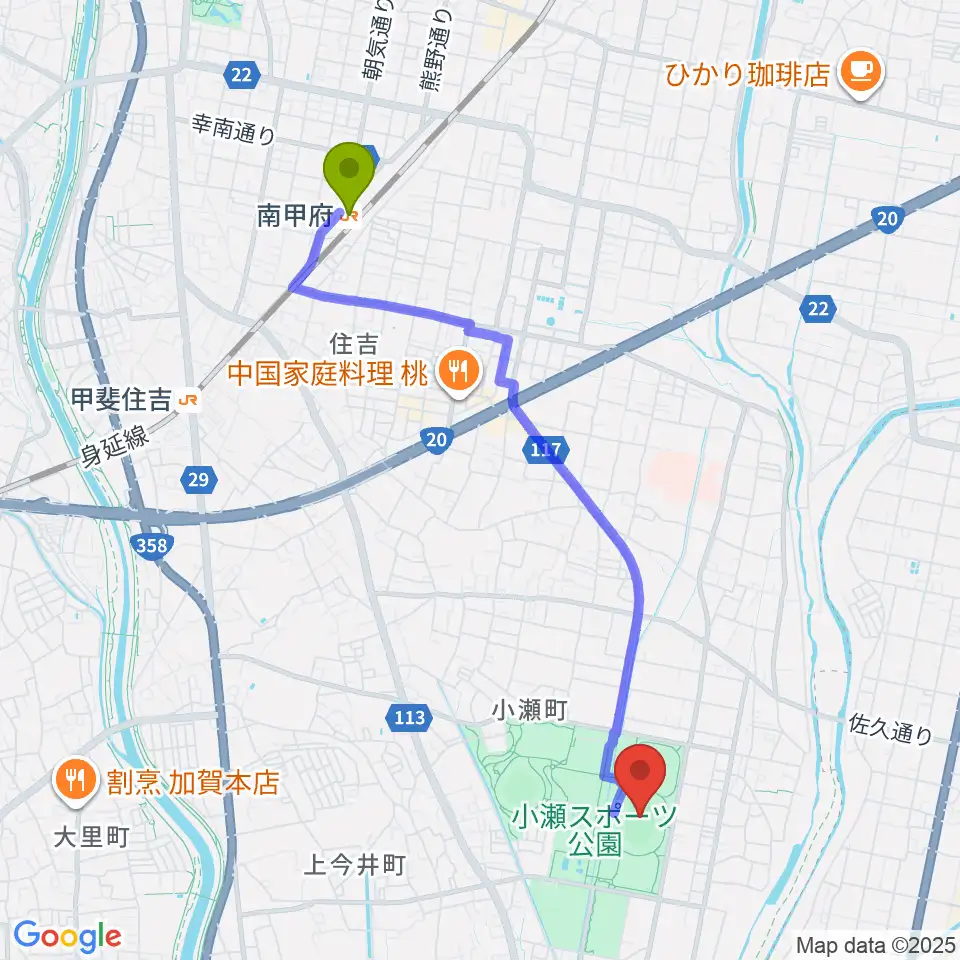 南甲府駅からJit リサイクルインク スタジアムへのルートマップ地図