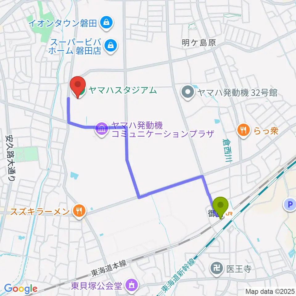 ヤマハスタジアムの最寄駅御厨駅からの徒歩ルート(約20分) MDATA