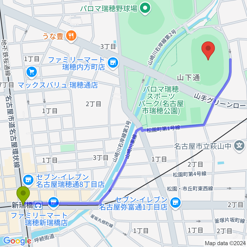 新瑞橋駅からパロマ瑞穂スタジアムへのルートマップ地図