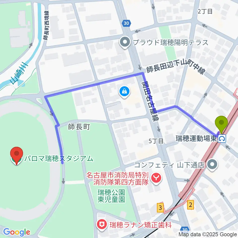 パロマ瑞穂スタジアムの最寄駅瑞穂運動場東駅からの徒歩ルート（約7分）地図