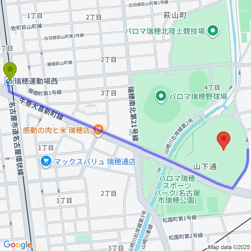 瑞穂運動場西駅からパロマ瑞穂スタジアムへのルートマップ地図