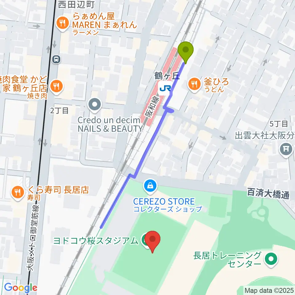 ヨドコウ桜スタジアムの最寄駅鶴ケ丘駅からの徒歩ルート（約5分）地図