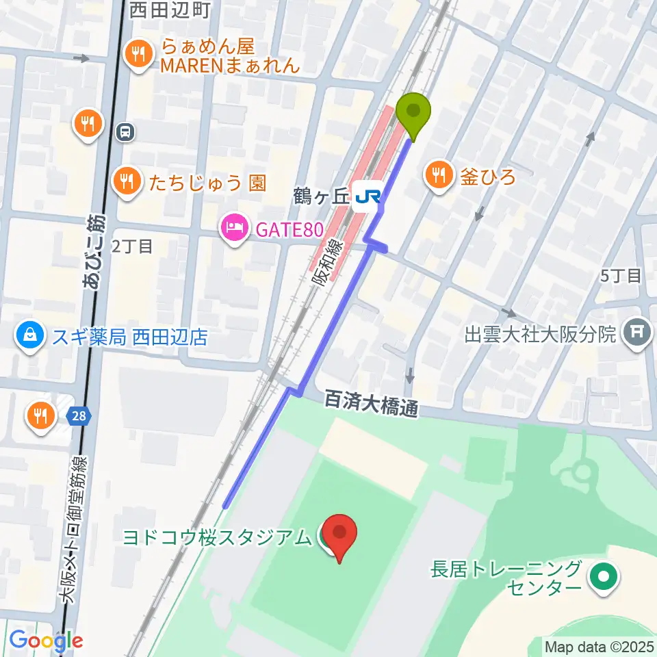ヨドコウ桜スタジアムの最寄駅鶴ケ丘駅からの徒歩ルート（約5分）地図