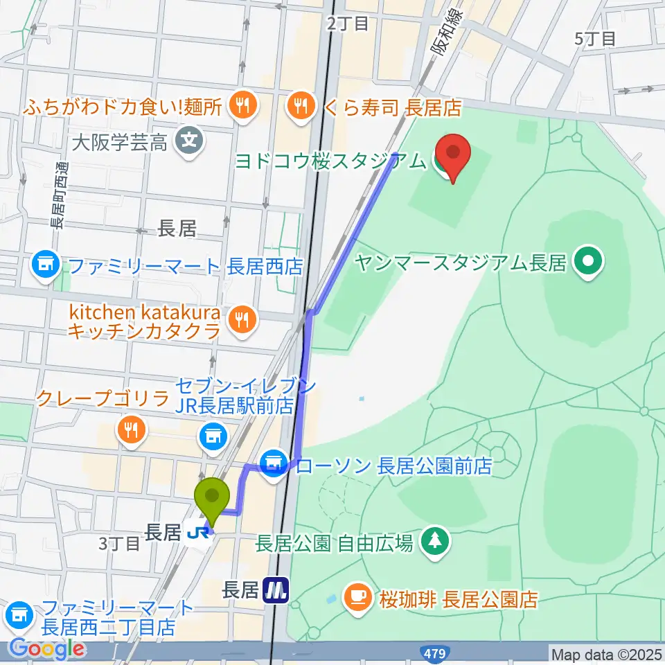 長居駅からヨドコウ桜スタジアムへのルートマップ地図