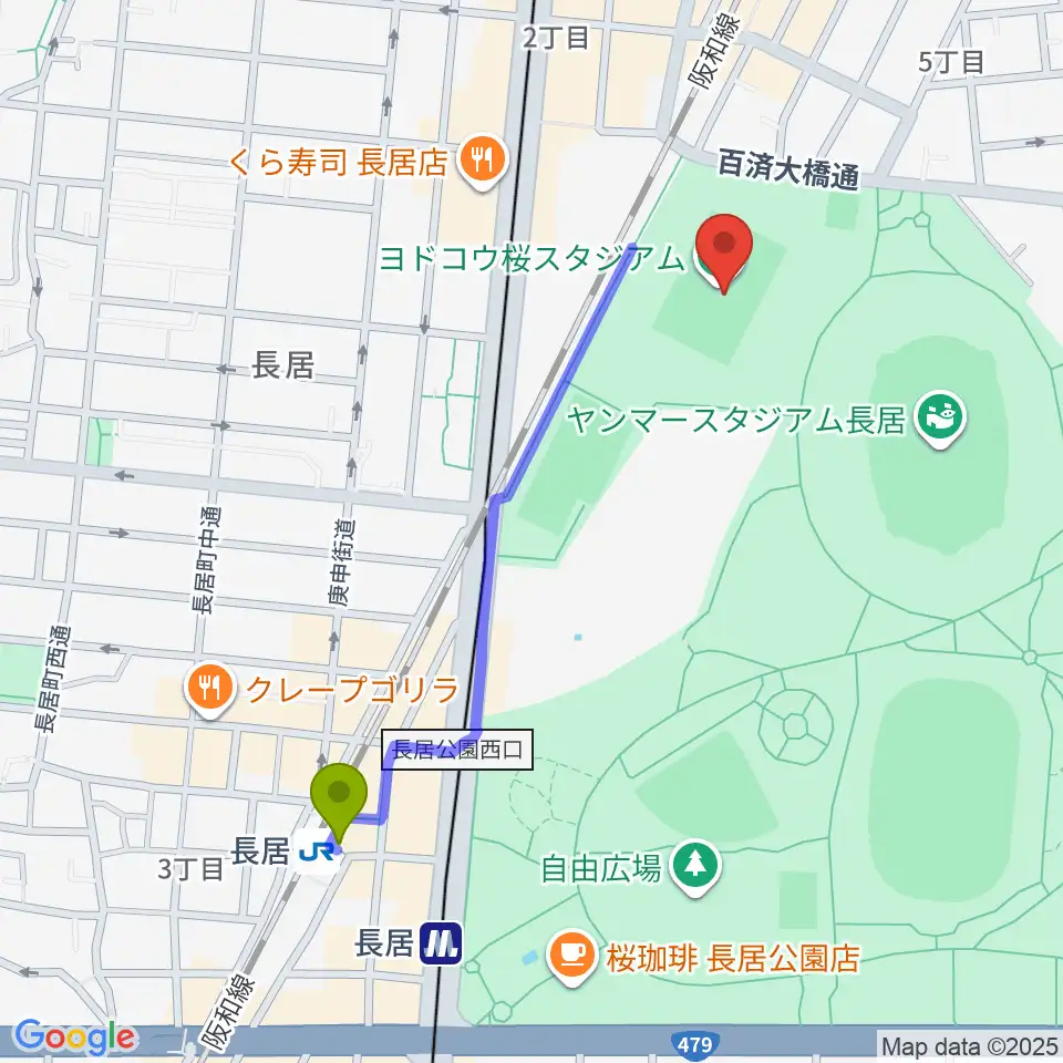 長居駅からヨドコウ桜スタジアムへのルートマップ地図