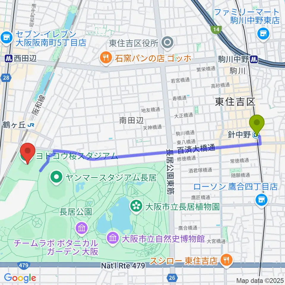 針中野駅からヨドコウ桜スタジアムへのルートマップ地図