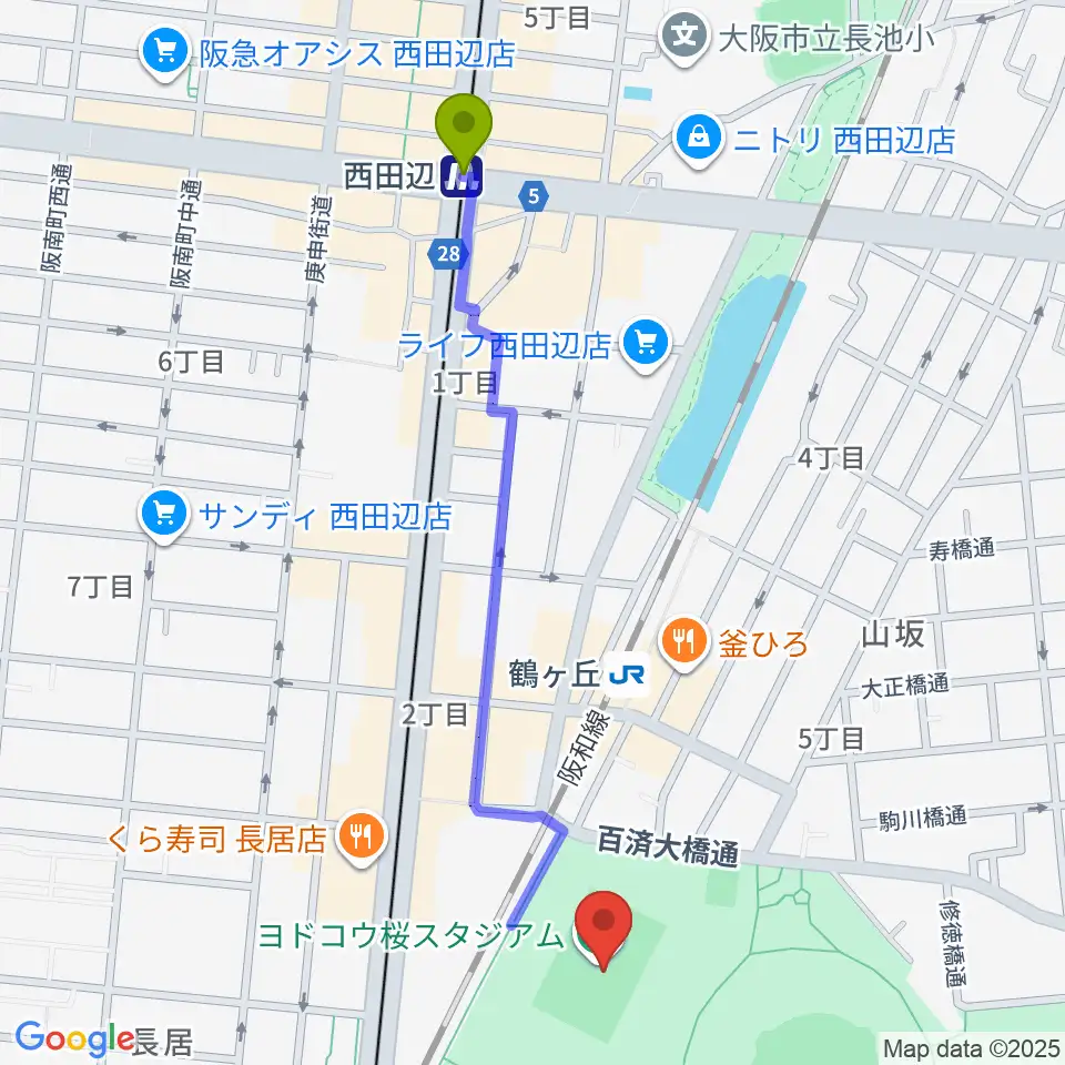 西田辺駅からヨドコウ桜スタジアムへのルートマップ地図