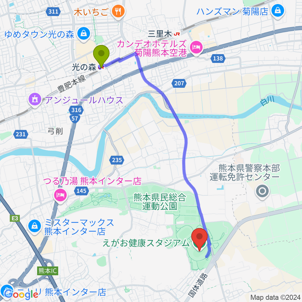 えがお健康スタジアムの最寄駅光の森駅からの徒歩ルート（約44分）地図