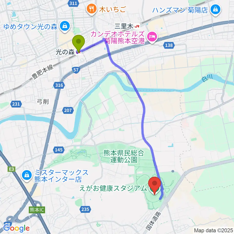 えがお健康スタジアムの最寄駅光の森駅からの徒歩ルート（約44分）地図