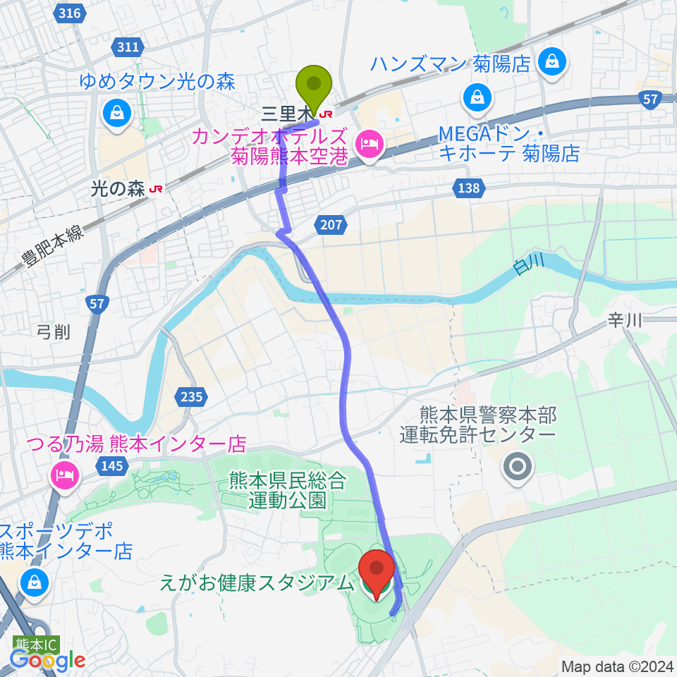 三里木駅からえがお健康スタジアムへのルートマップ地図