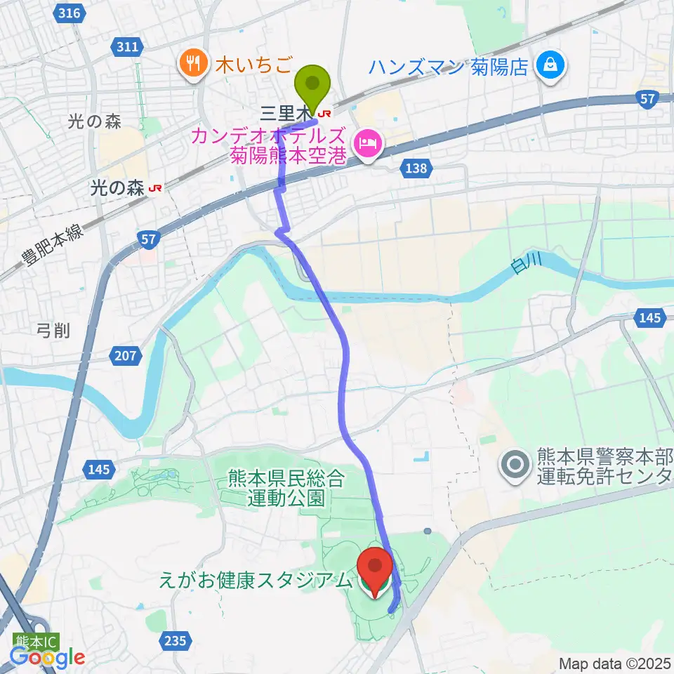三里木駅からえがお健康スタジアムへのルートマップ地図