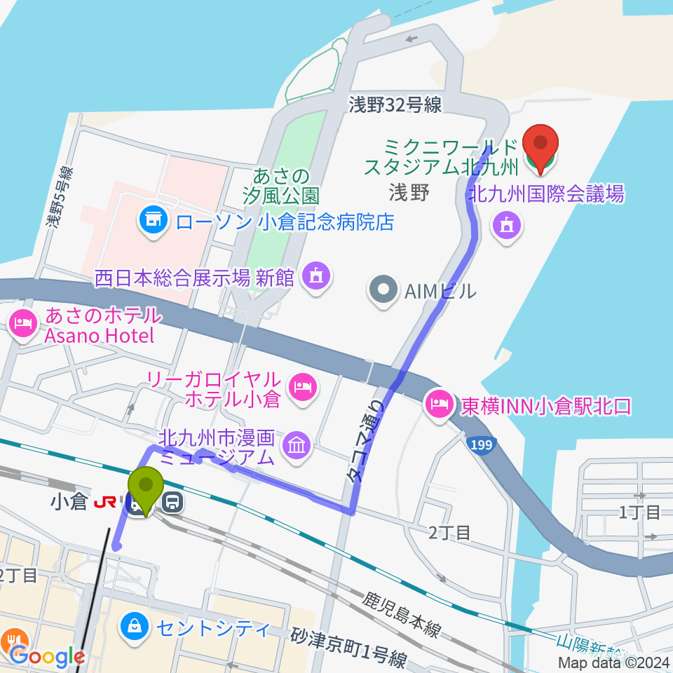 ミクニワールドスタジアム北九州の最寄駅小倉駅からの徒歩ルート（約12分）地図