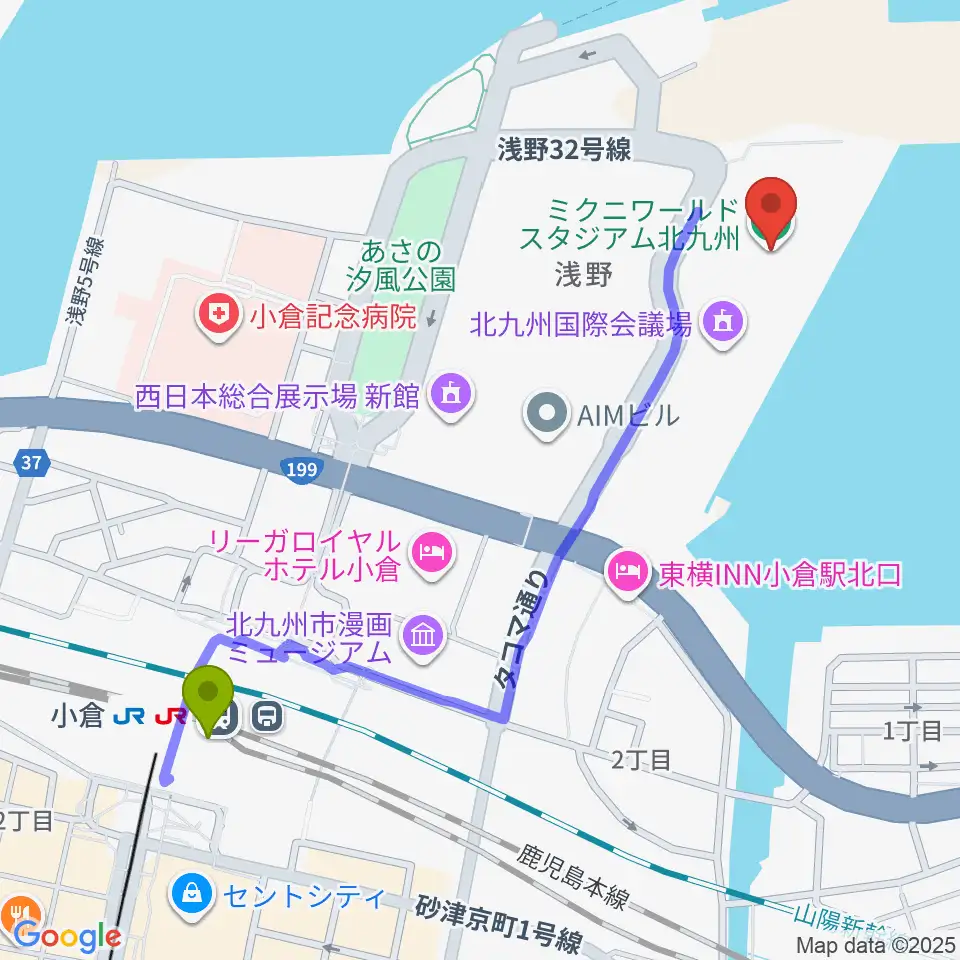 ミクニワールドスタジアム北九州の最寄駅小倉駅からの徒歩ルート（約12分）地図