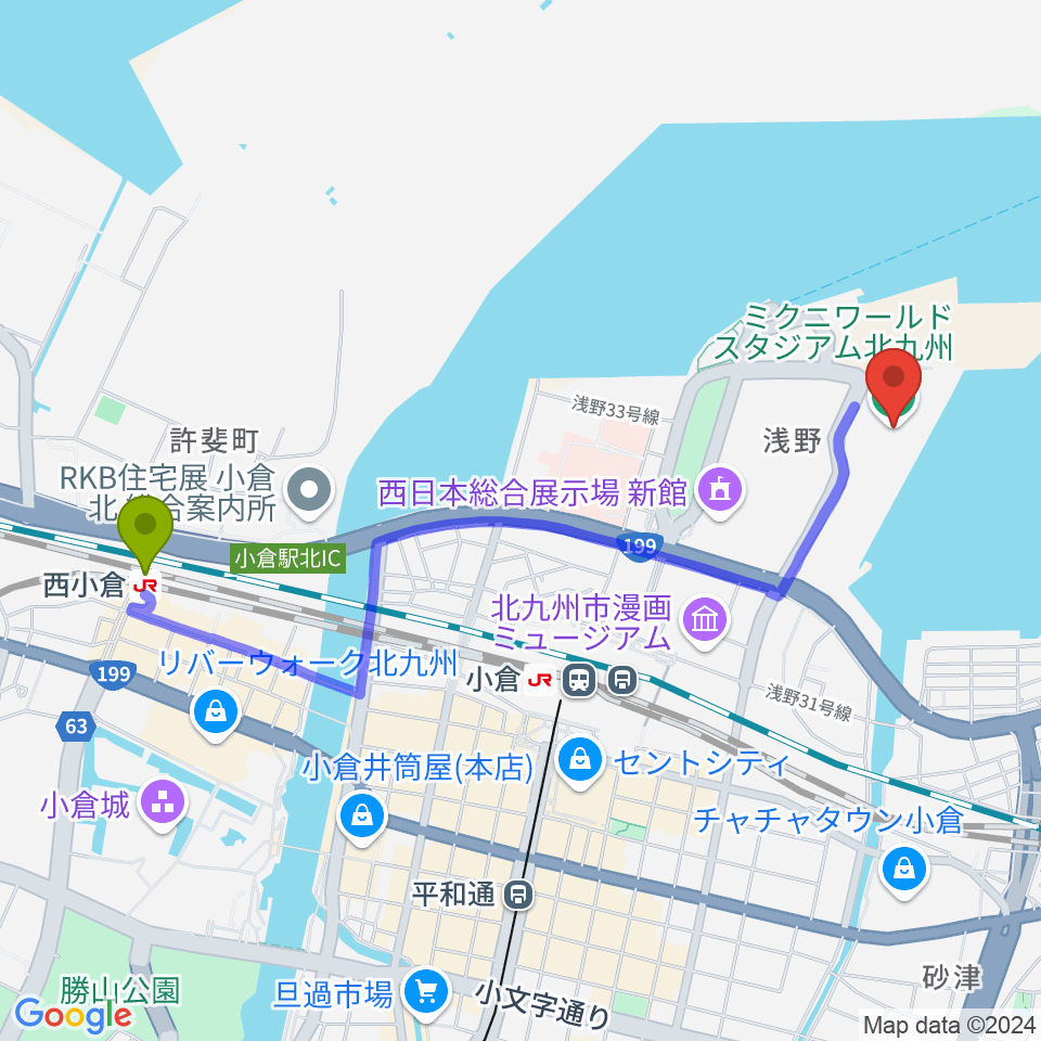 西小倉駅からミクニワールドスタジアム北九州へのルートマップ地図