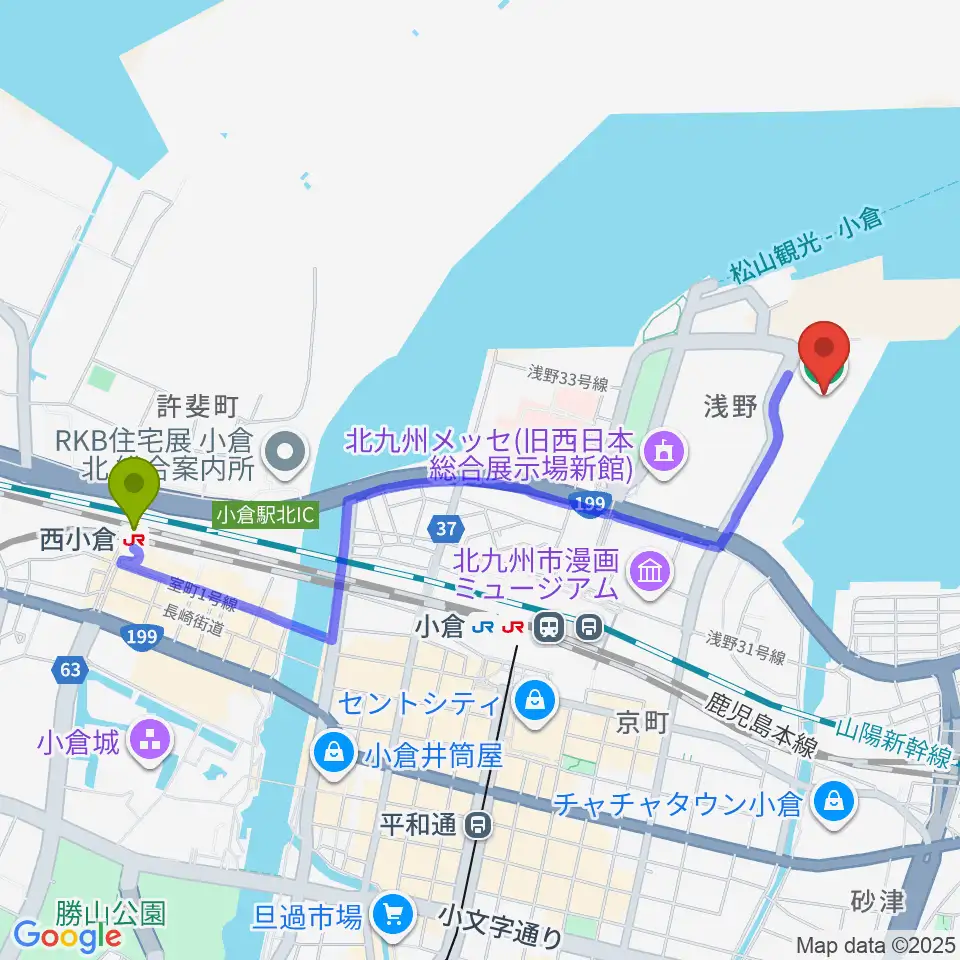 西小倉駅からミクニワールドスタジアム北九州へのルートマップ地図