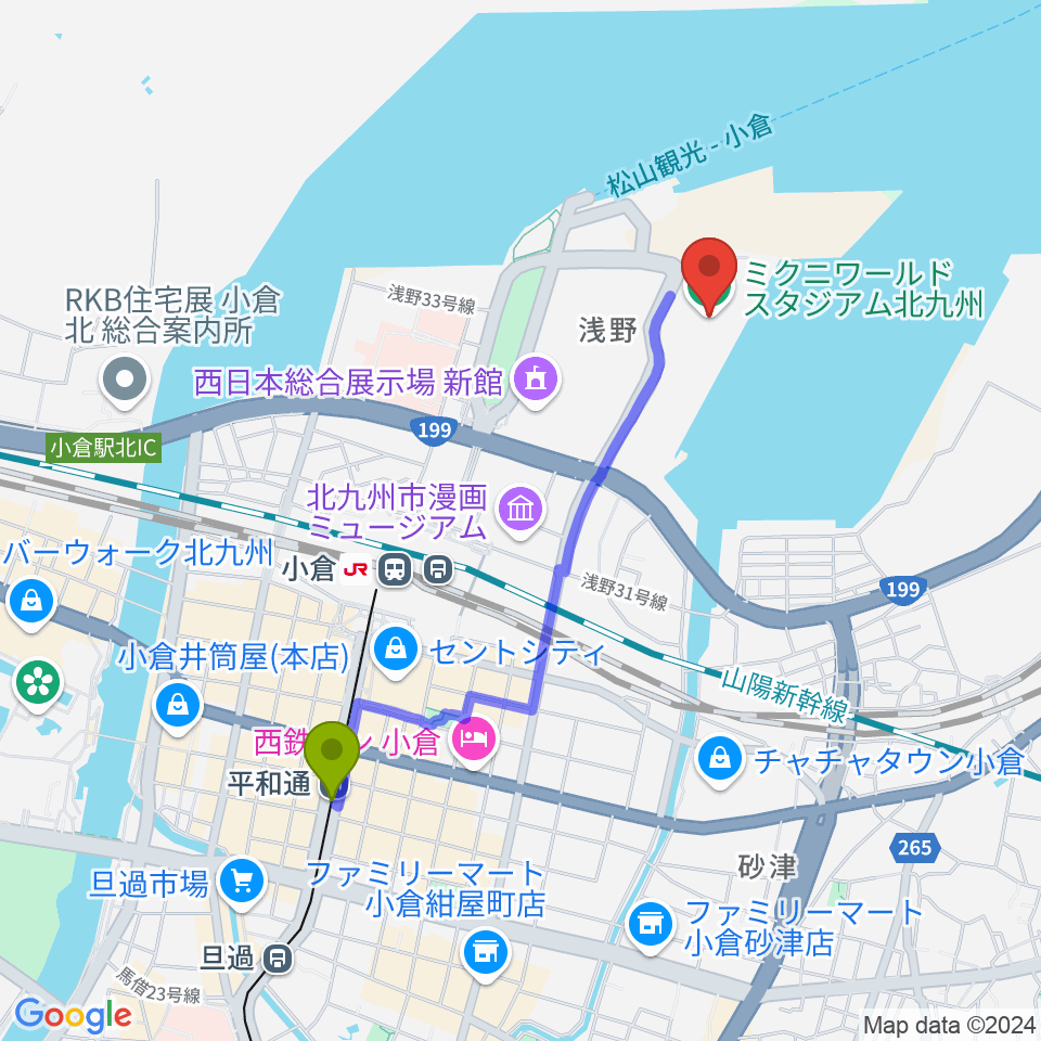 平和通駅からミクニワールドスタジアム北九州へのルートマップ地図