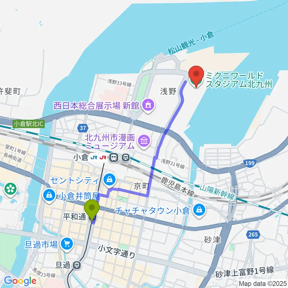 平和通駅からミクニワールドスタジアム北九州へのルートマップ地図